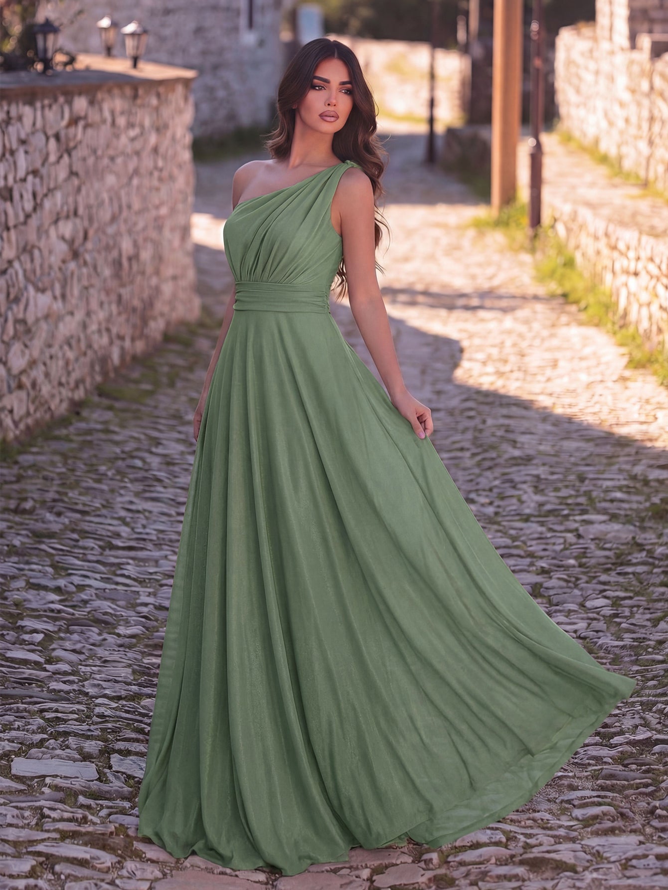 Additional view of One-Shoulder Chiffon Sleeveless A-Line Evening Gown