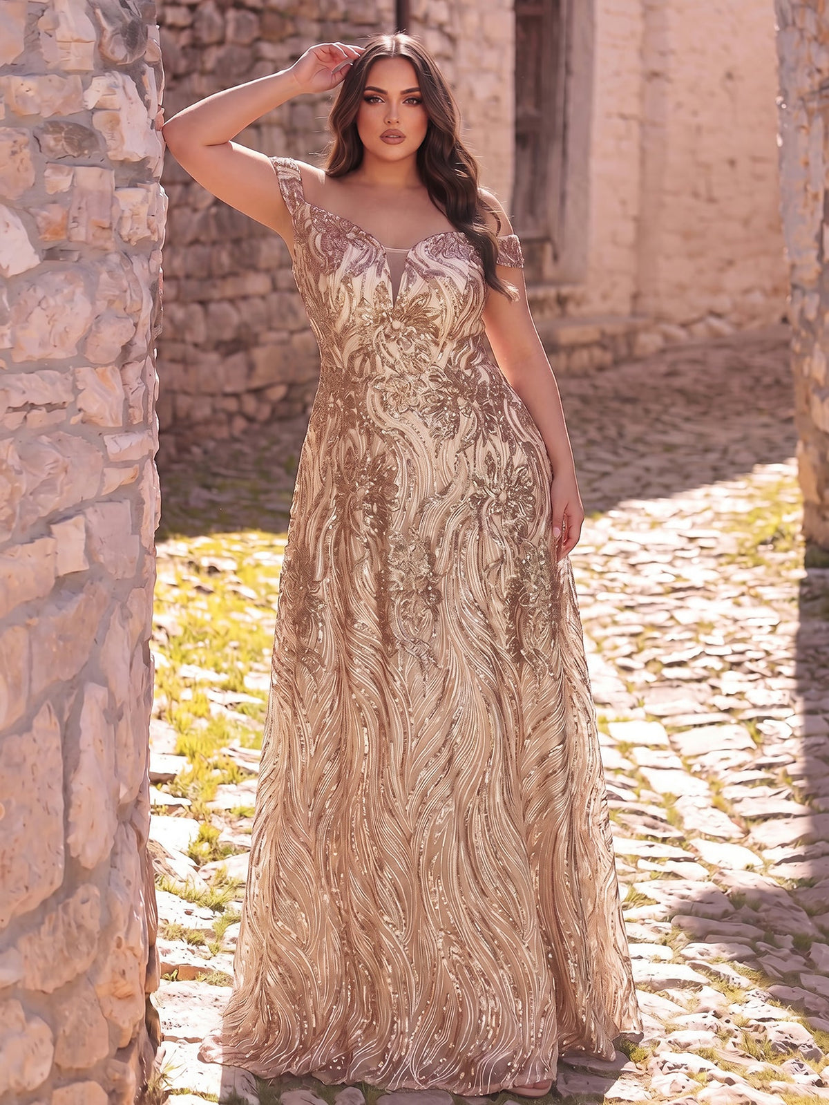Plus-Size Off-Shoulder Graphic Sequin Formal Prom Evening Dress — authorized product image 3