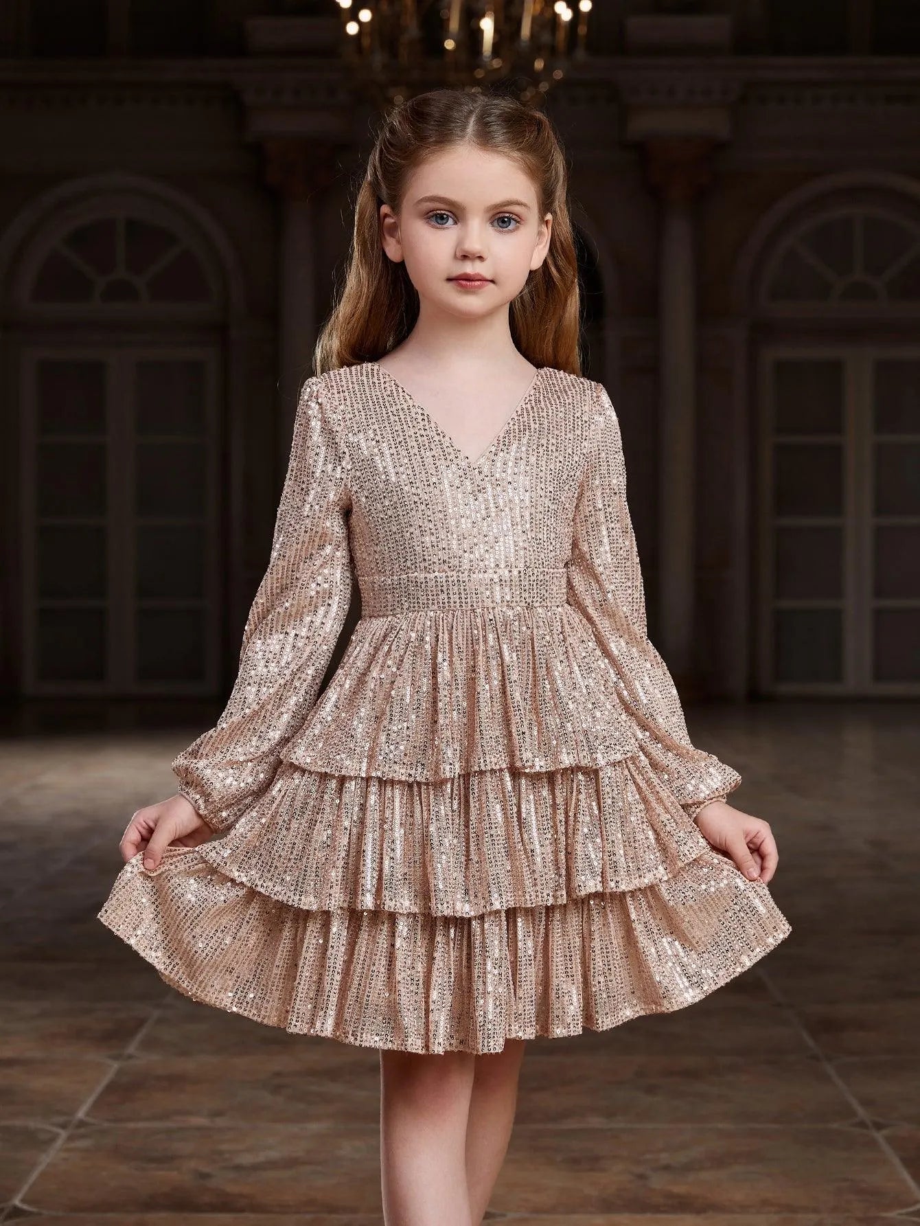Tween Girls' V-Neck Sequin Long-Sleeve A-Line Formal Dress — authorized product image 1
