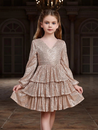 Tween Girls' V-Neck Sequin Long-Sleeve A-Line Formal Dress — authorized product image 1