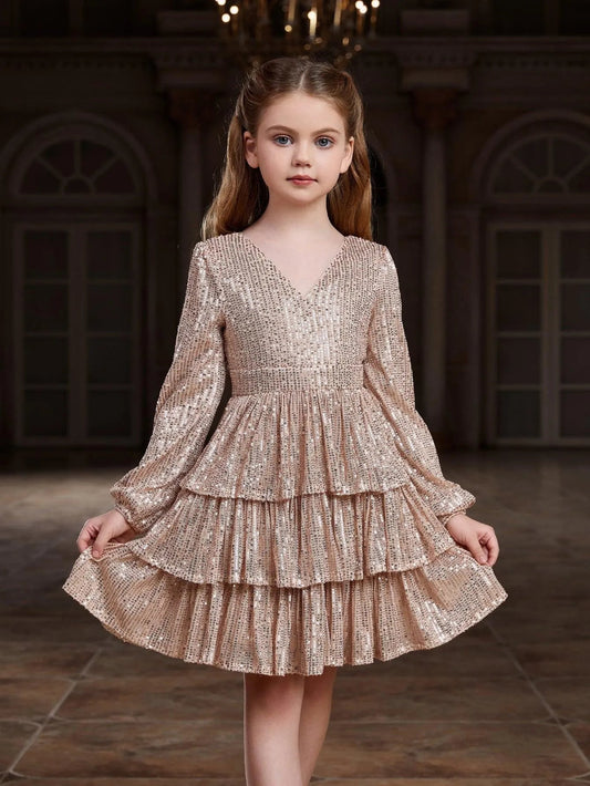 Tween Girls' V-Neck Sequin Long-Sleeve A-Line Formal Dress — authorized product image 1