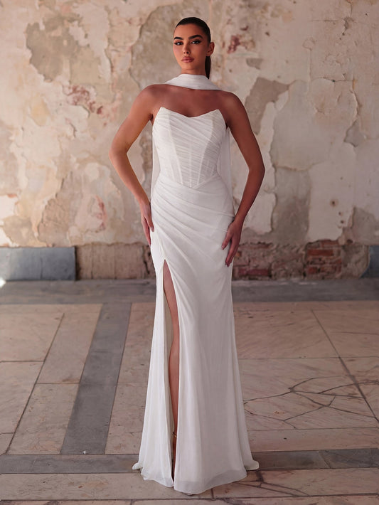 Alternate view of Lace-Up Back Strapless High-Slit Mermaid Sleeveless Evening Gown in White
