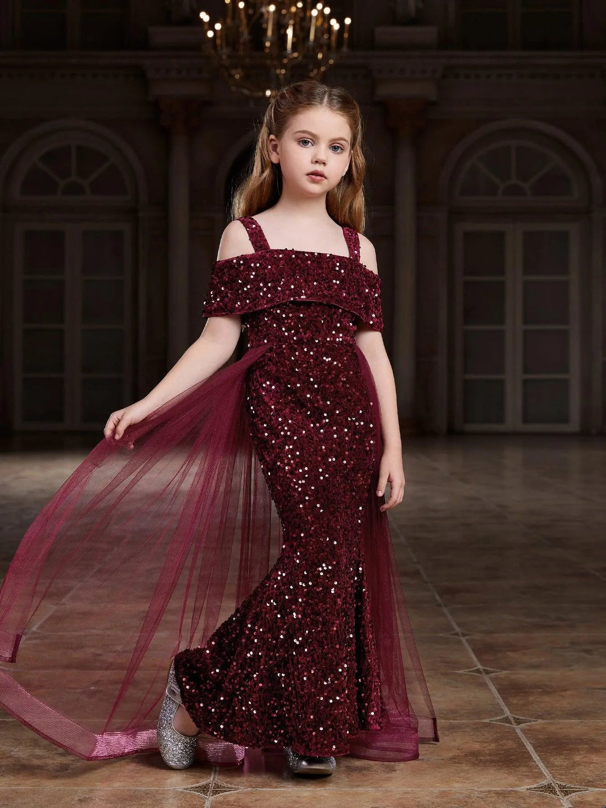 Additional product view of Mesh Overlay Off-Shoulder Sequin Mermaid Short-Sleeve Tween Girls' Party Dress