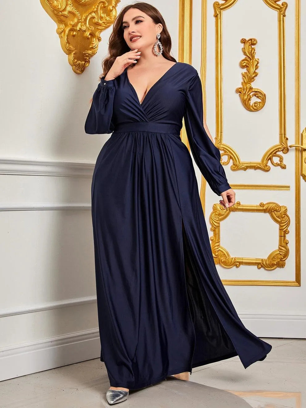 Additional product view of Plunging-Neck High-Slit Plus-Size V-Neck Knit Evening Gown