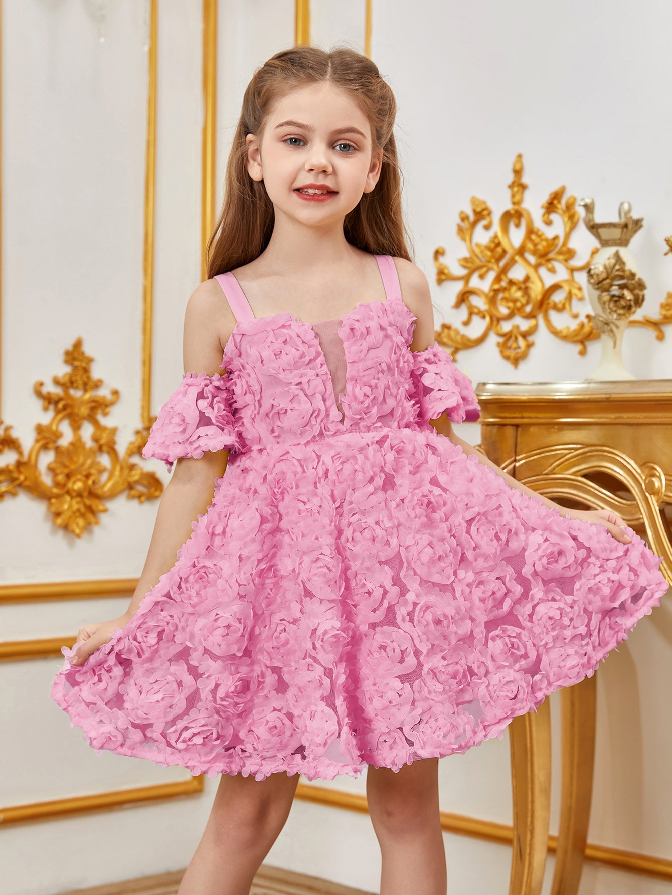 Alternate view of Floral Appliqué Cami Strap Off-Shoulder A-Line Short-Sleeve Tween Girls' Party Dress in Pink