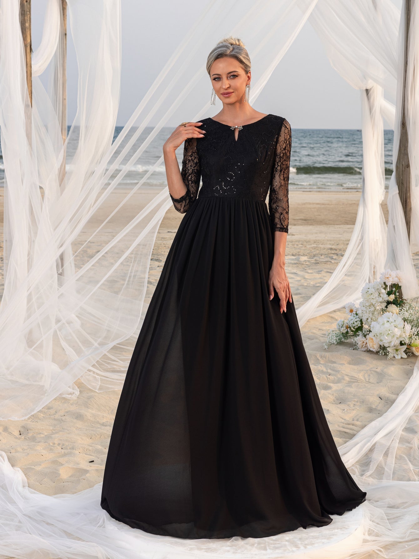 Women's Lace Bodice & Chiffon Skirt Mother-of-the-Bride Formal Dress