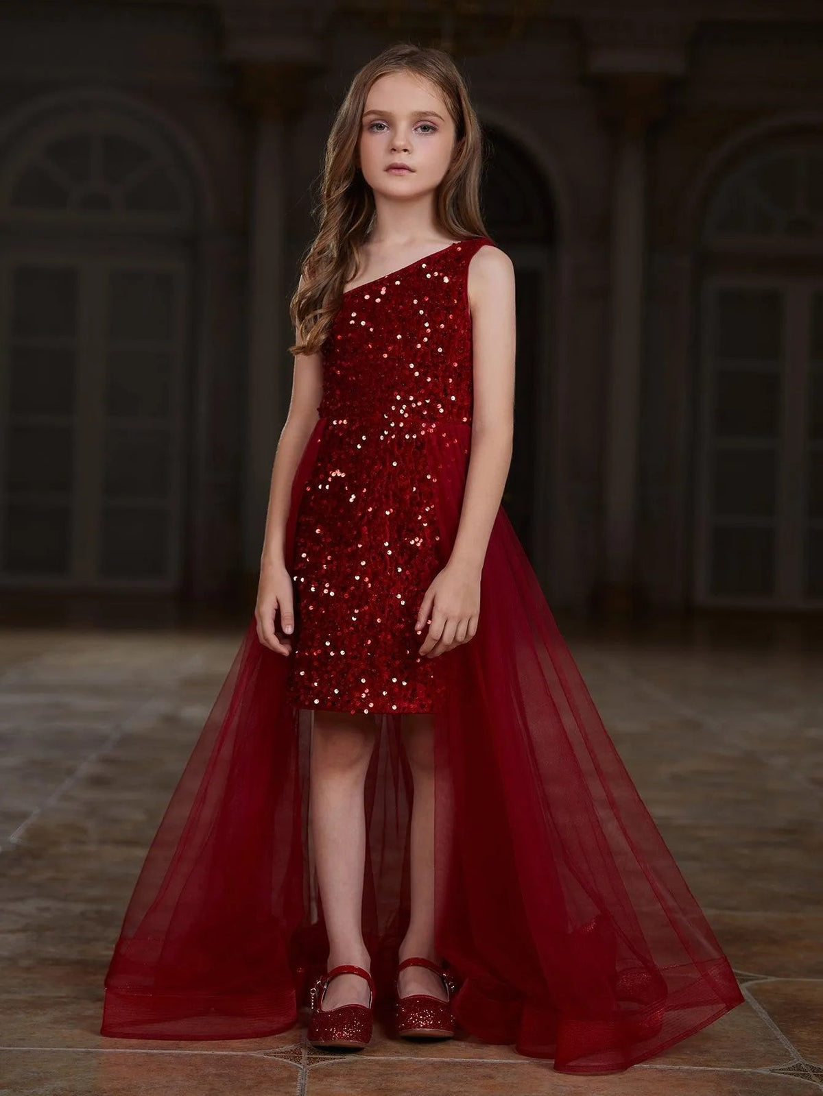 Additional product view of Mesh Overlay Asymmetrical Neckline Sequin A-Line Sleeveless Tween Girls' Party Dress