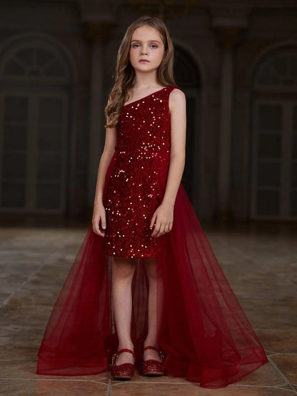 Additional product view of Mesh Overlay Asymmetrical Neckline Sequin A-Line Sleeveless Tween Girls' Party Dress