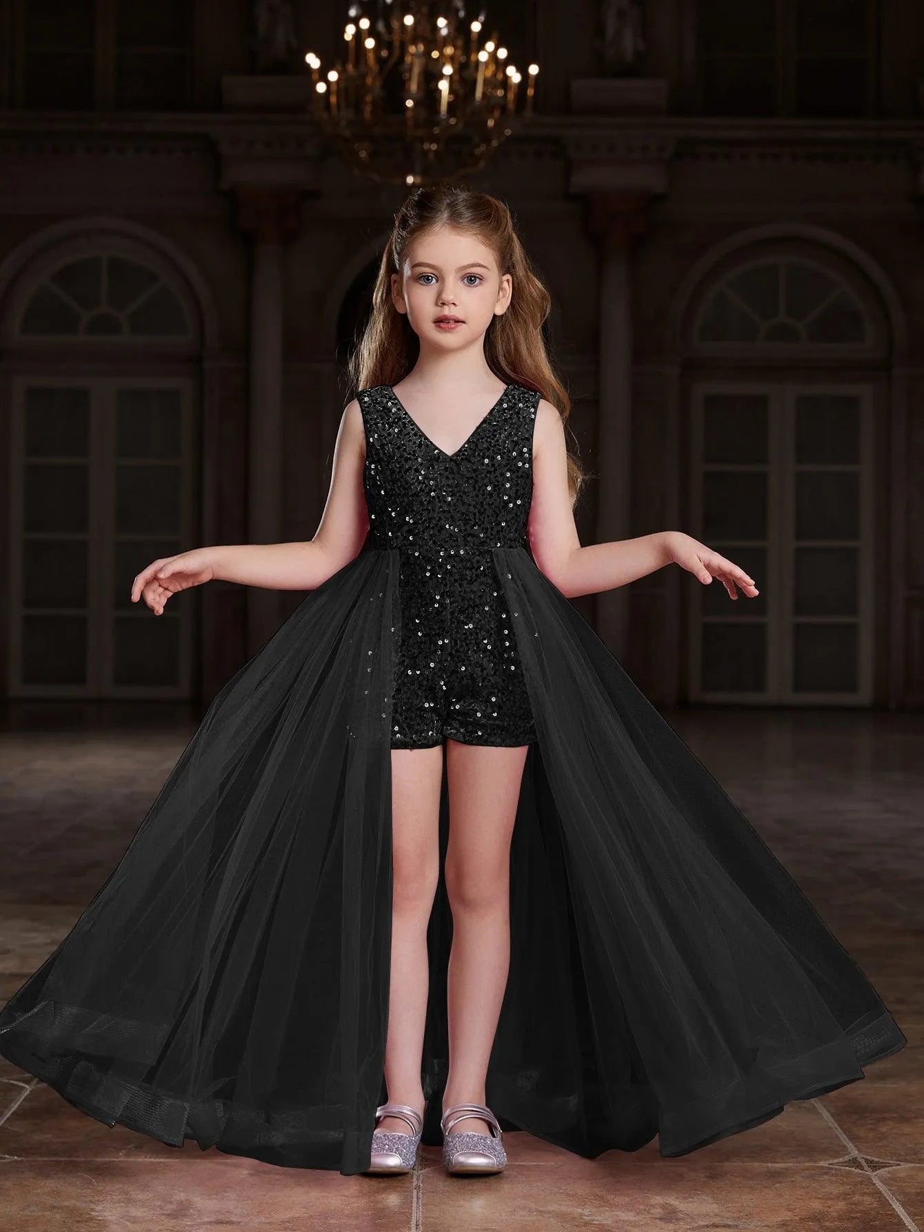 Alternate view of Mesh Overlay V-Neck Sequin Sleeveless Tween Girls' Formal Romper in Black