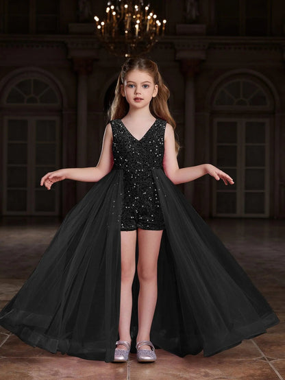 Alternate view of Mesh Overlay V-Neck Sequin Sleeveless Tween Girls' Formal Romper in Black