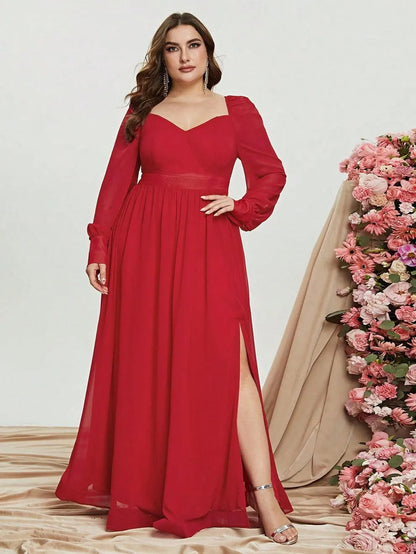 Plus Sweetheart Neck Backless Long Sleeve Chiffon A line Dress