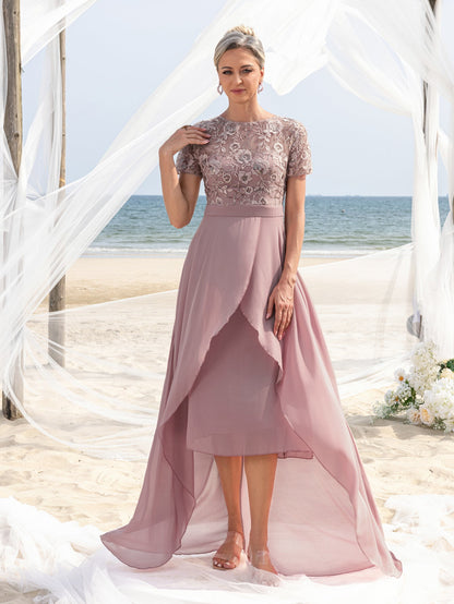 Embroidered Sequin Bodice Asymmetrical Lace Boat-Neck Short-Sleeve Mother-of-the-Bride Dress in Mauve