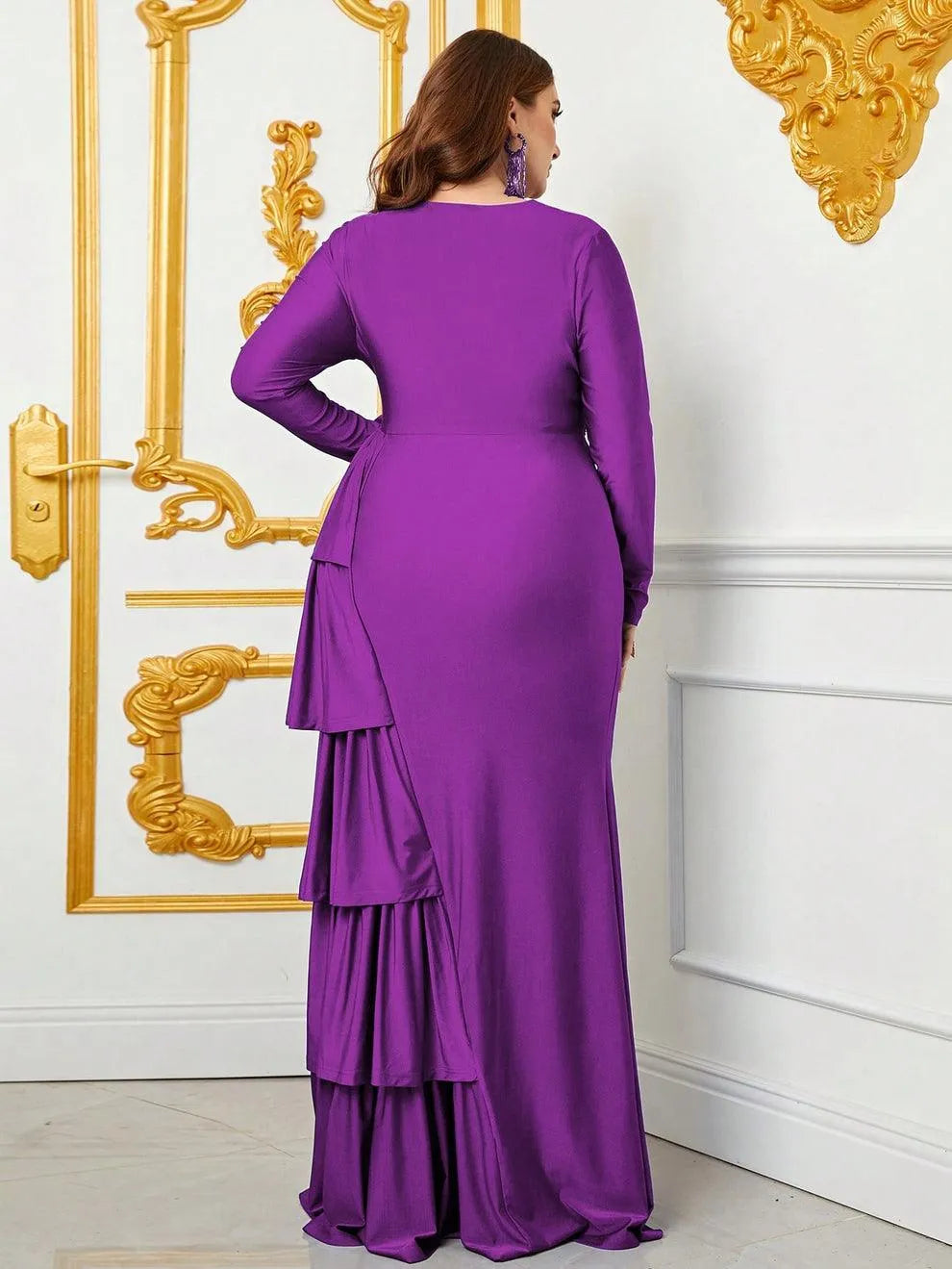 Plus V Neck Long Sleeves Draped Layered Ruffle Trim Formal Dress Evening Dress