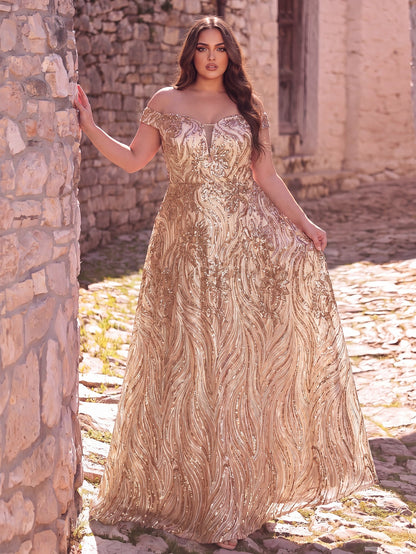 Plus-Size Off-Shoulder Graphic Sequin Formal Prom Evening Dress — authorized product image 4