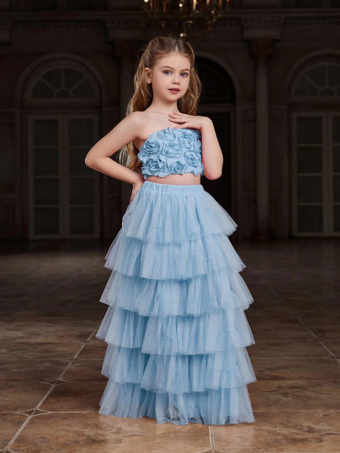 Additional product view of Strapless Mesh 3D-Flower A-Line Sleeveless Girls' Two-Piece Formal Set