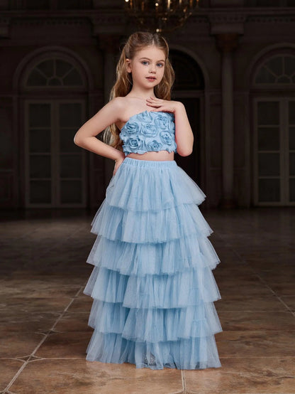 Additional product view of Strapless Mesh 3D-Flower A-Line Sleeveless Girls' Two-Piece Formal Set