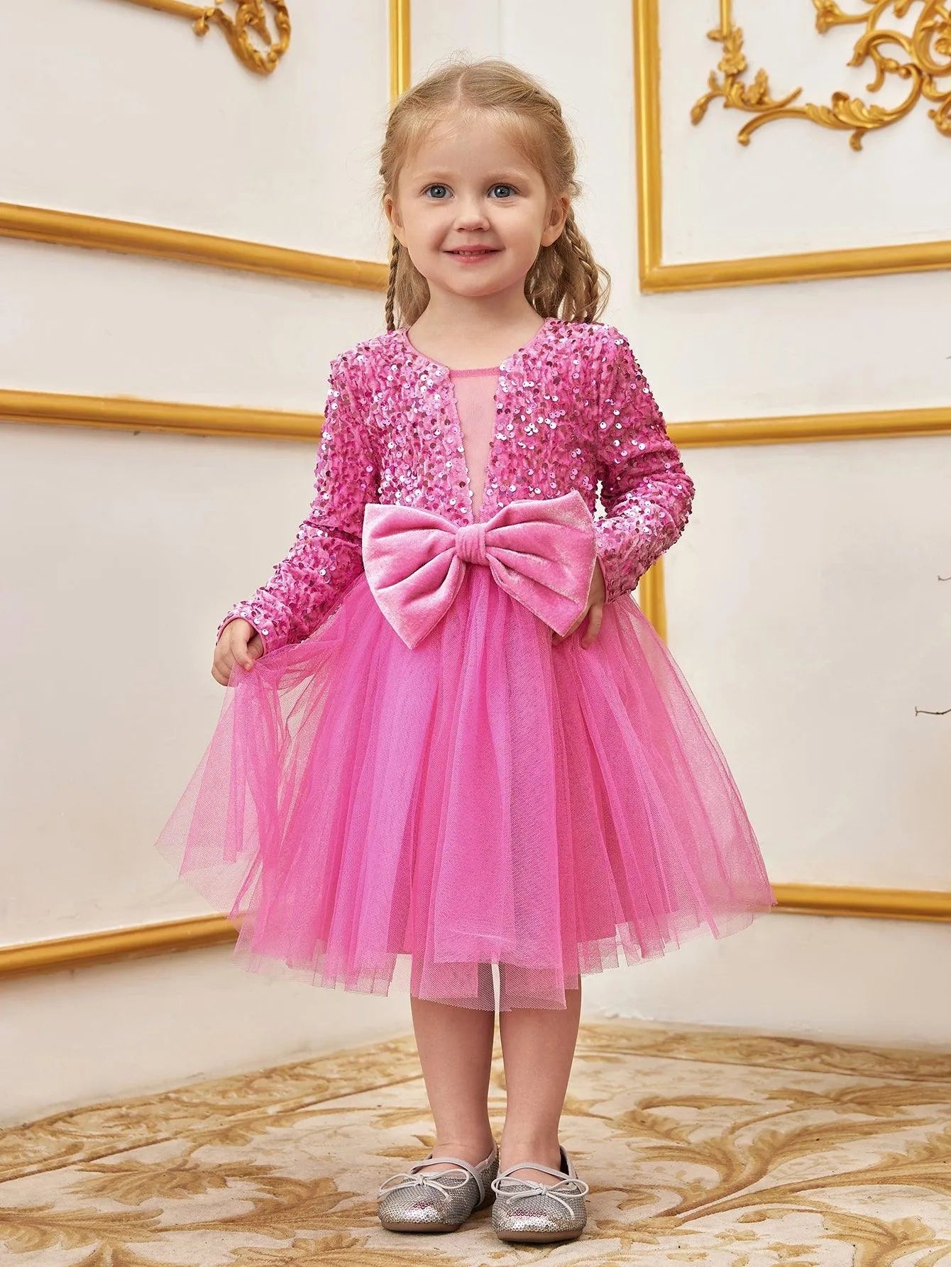 Bow-Front Sequin A-Line Long-Sleeve Mesh Young Girls' Party Dress in Pink