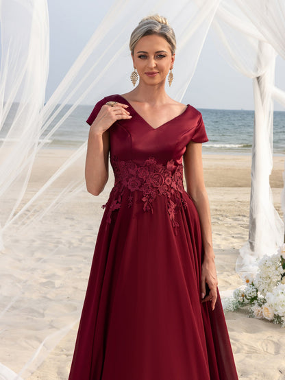Additional view of Burgundy V-Neck Chiffon Mother of the Bride Dress with Lace Applique
