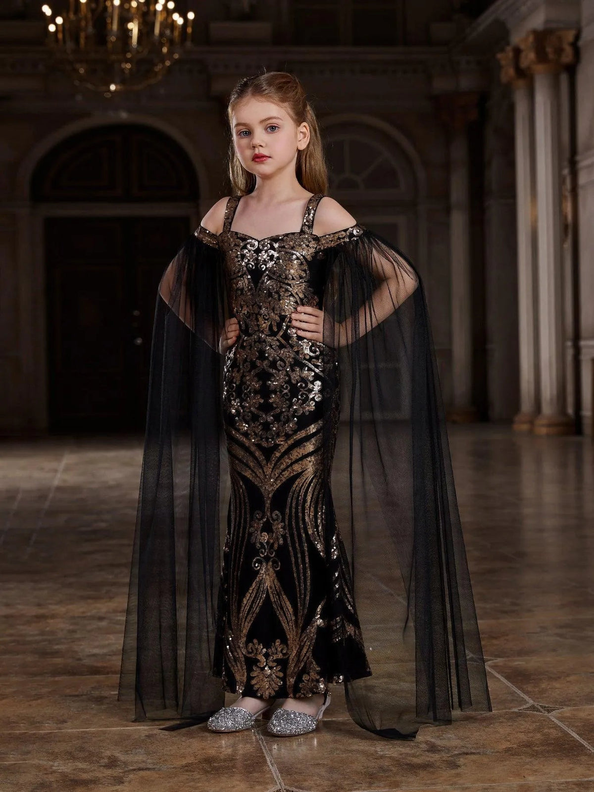 Additional product view of Cloak-Sleeve Off-Shoulder Sequin Mermaid Maxi Tween Girls' Party Dress