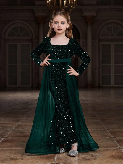 Square-Neck Sequin Mermaid Long-Sleeve Maxi Tween Girls' Party Dress in Dark Green