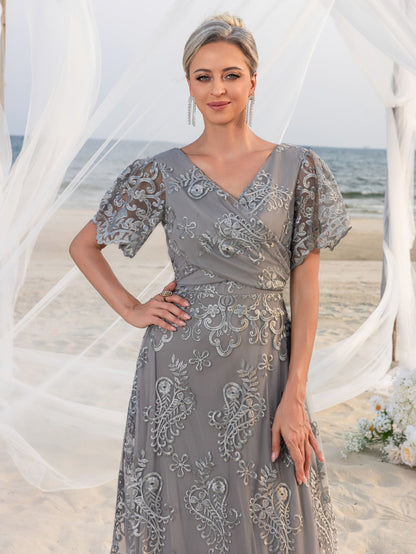 Additional product view of Lace V-Neck Short-Sleeve A-Line Maxi Mother-of-the-Bride Dress
