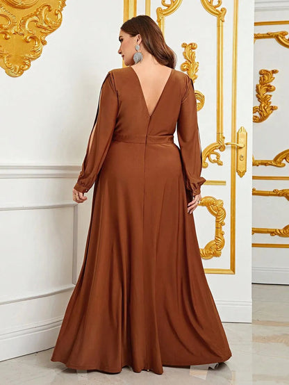 Additional product view of Plunging-Neck High-Slit Plus-Size V-Neck Knit Evening Gown