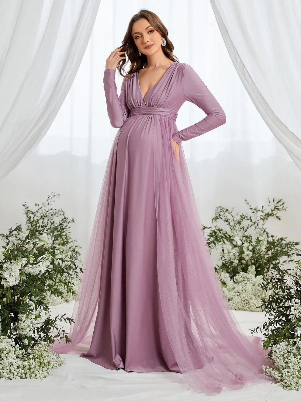 Additional product view of Contrast Mesh Plunging-Neck V-Neck Knit A-Line Maternity Evening Dress