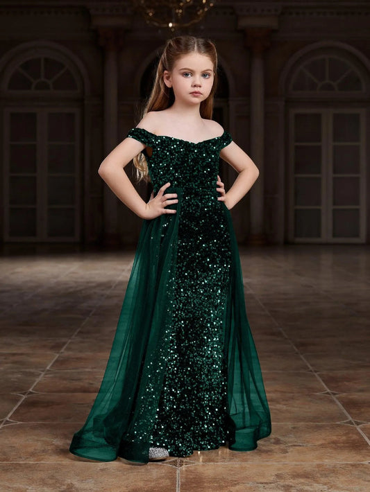 Mesh Overlay Off-Shoulder Sequin Mermaid Short-Sleeve Maxi Tween Girls' Party Dress in Dark Green