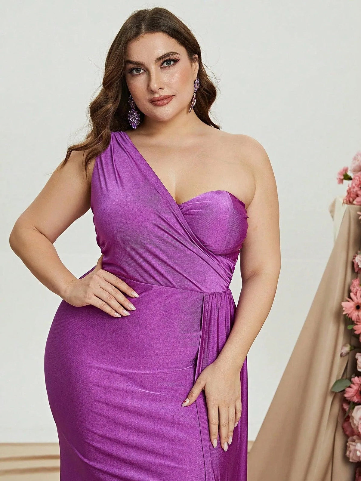 Additional view of Plus-Size One-Shoulder Evening Gown with High Slit