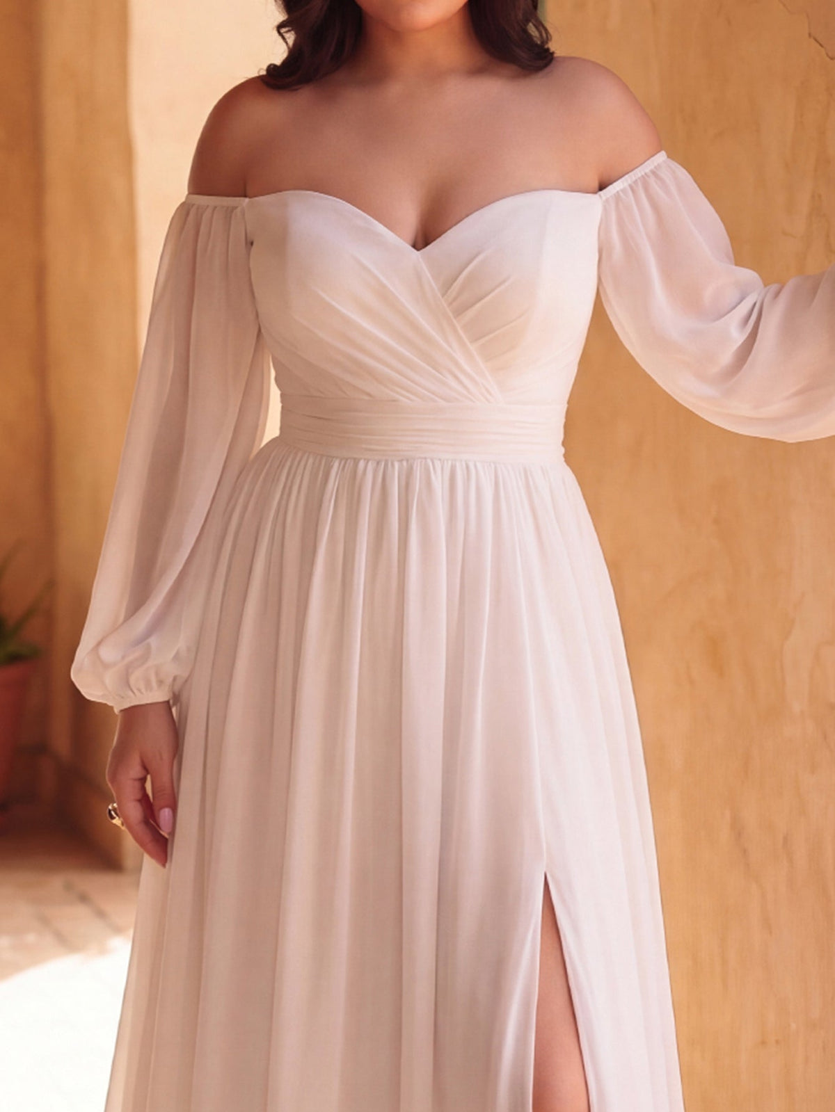 Plus-Size Off-Shoulder Chiffon Lantern-Sleeve A-Line Wedding Gown — authorized product image 4