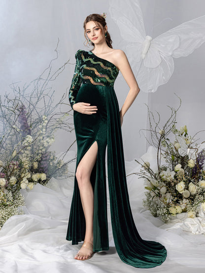 Maternity One-Shoulder Sequin Velvet Long-Sleeve Mermaid Evening Gown — authorized product image 4