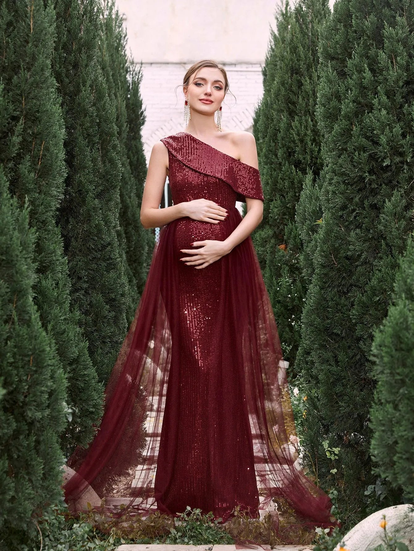 Mesh Overlay One-Shoulder Mermaid Sleeveless Sequin Maternity Evening Dress in Burgundy