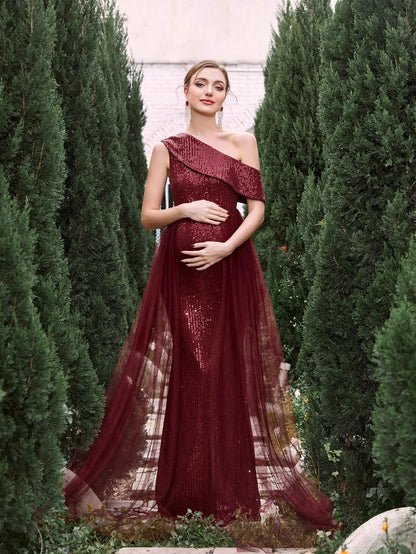 Mesh Overlay One-Shoulder Mermaid Sleeveless Sequin Maternity Evening Dress in Burgundy