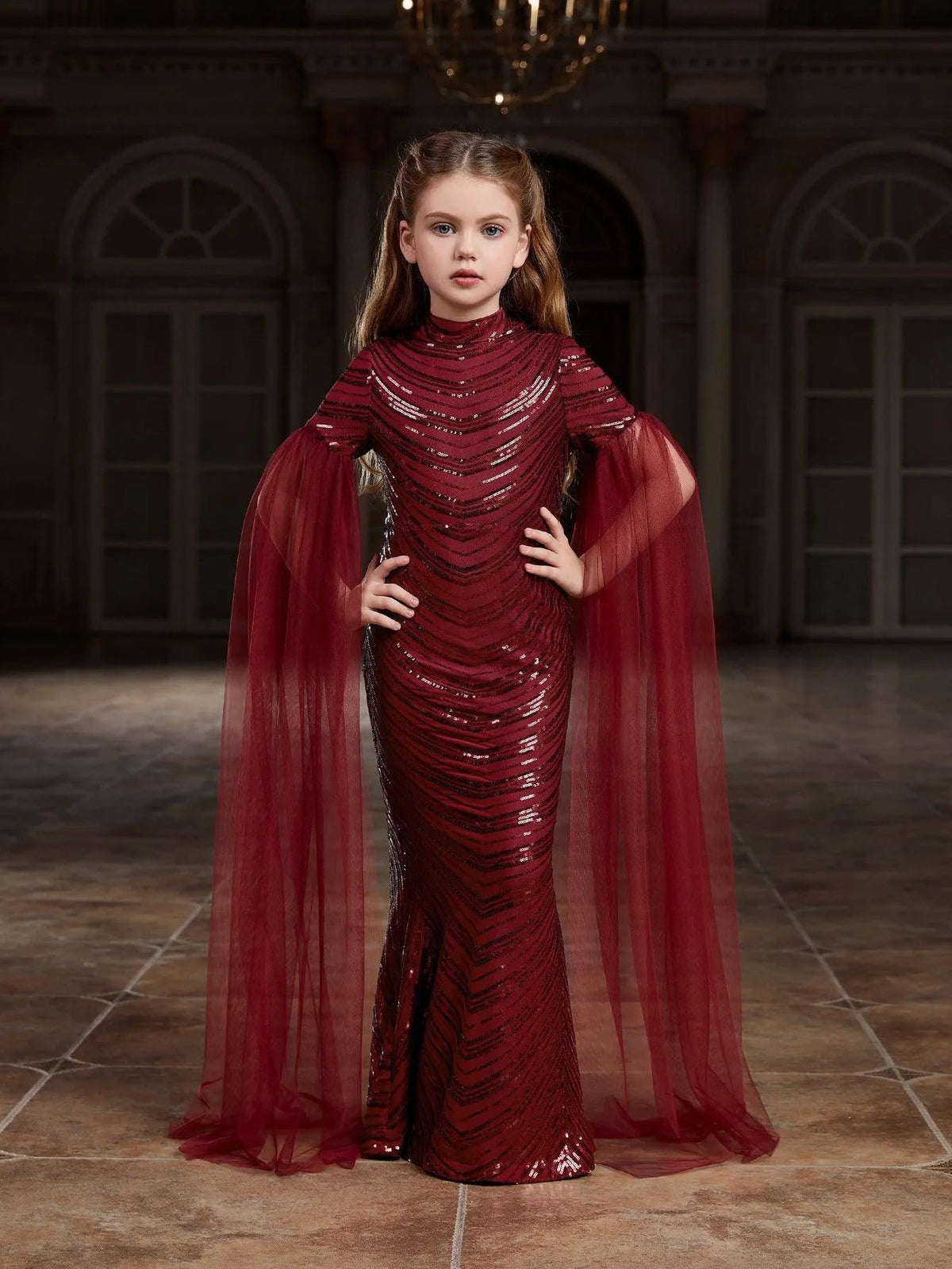Tween Girls' High Neck Sequin Cape Mermaid Formal Gown — authorized product image 12