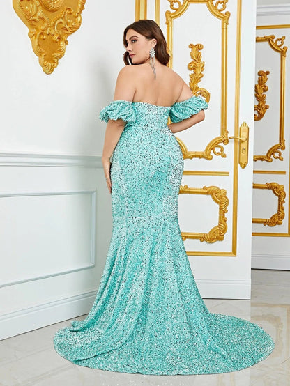 Plus Off Shoulder Puff Sleeves Mermaid Sequin Prom Dresses