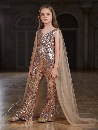 Additional product view of Cloak-Sleeve V-Neck Sequin Tween Girls' Party Jumpsuit