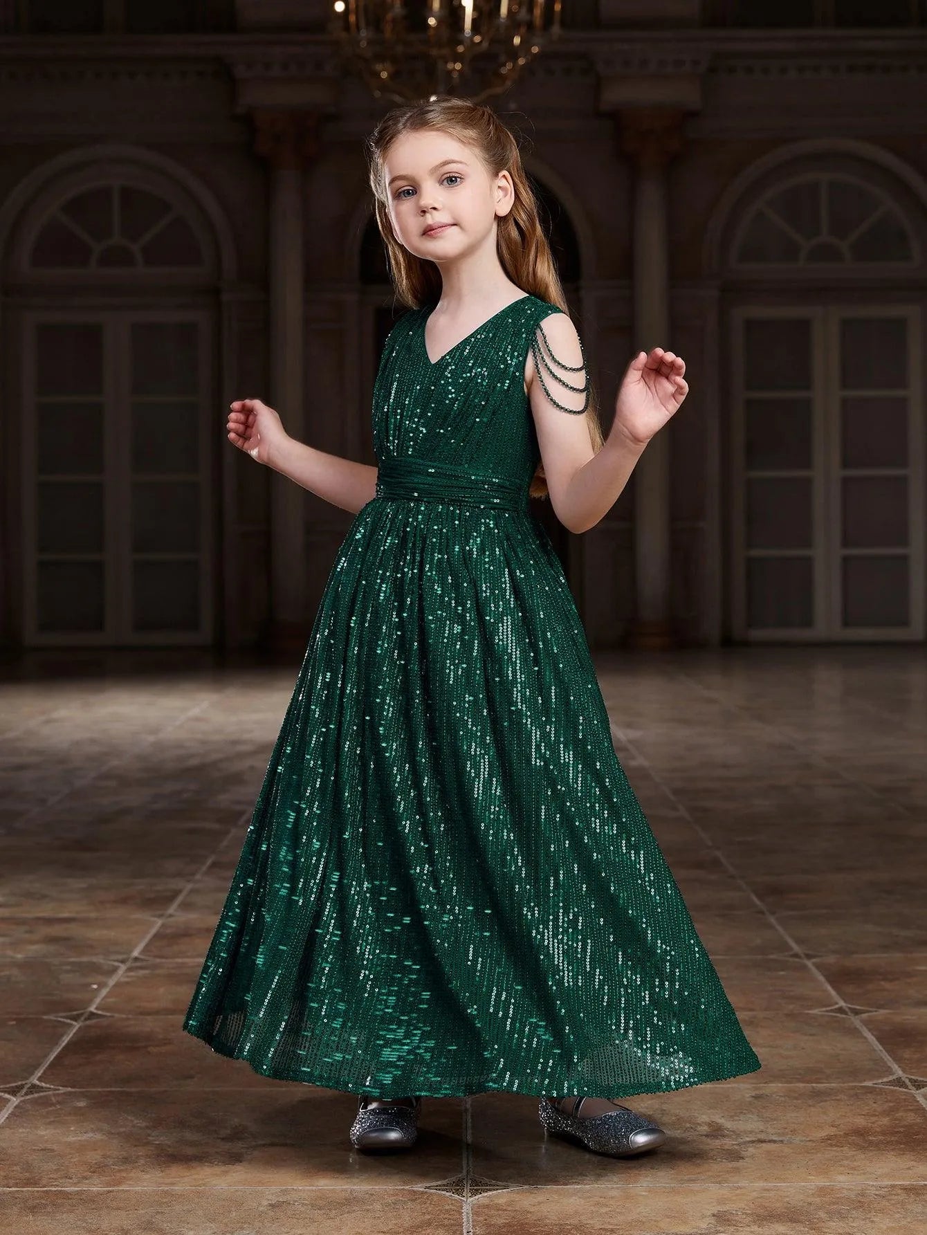 Additional product view of V-Neck Sequin A-Line Sleeveless Maxi Tween Girls' Party Dress