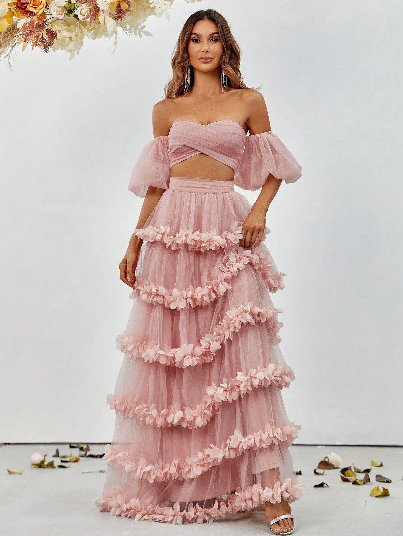 Off-Shoulder Puff Sleeve Crop Top & Frill Trim Mesh Skirt – view 3