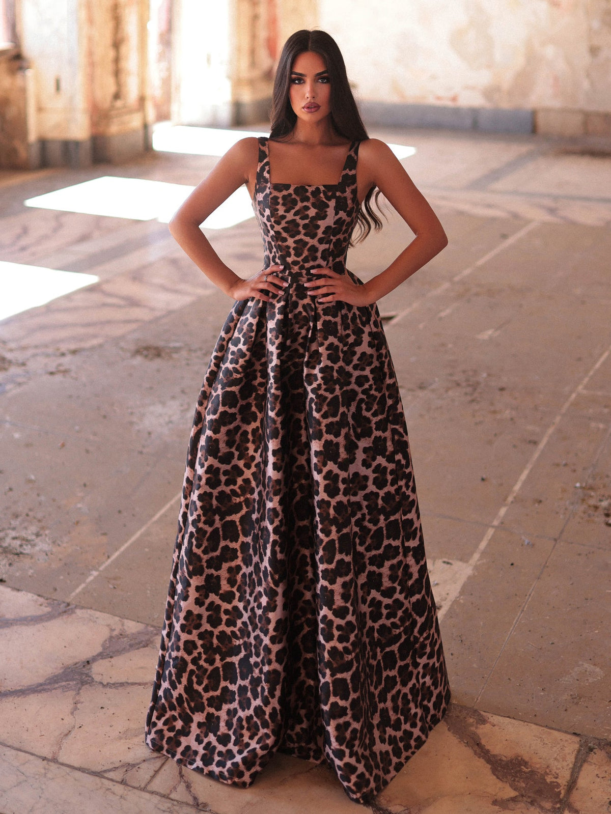 Additional product view of Square-Neck Satin A-Line Sleeveless Maxi Evening Gown