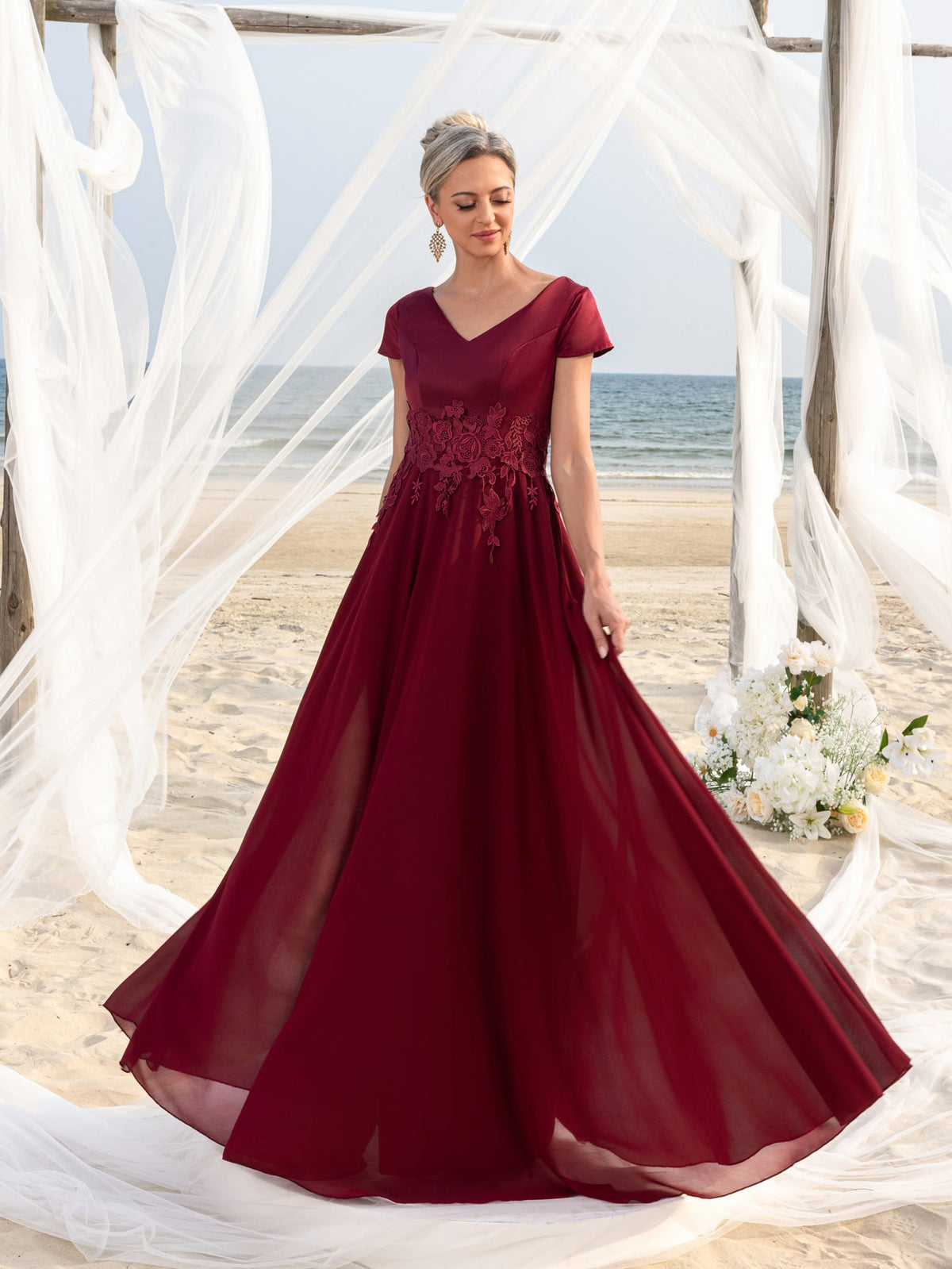 Additional view of Burgundy V-Neck Chiffon Mother of the Bride Dress with Lace Applique