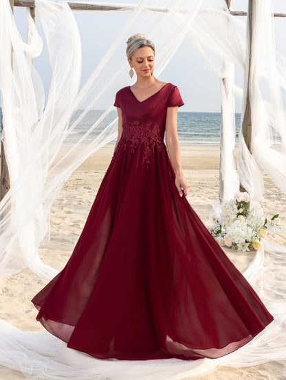Additional view of Burgundy V-Neck Chiffon Mother of the Bride Dress with Lace Applique