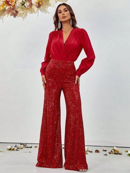 Additional product view of V-Neck Sequin Long-Sleeve Women's Two-Piece Formal Set