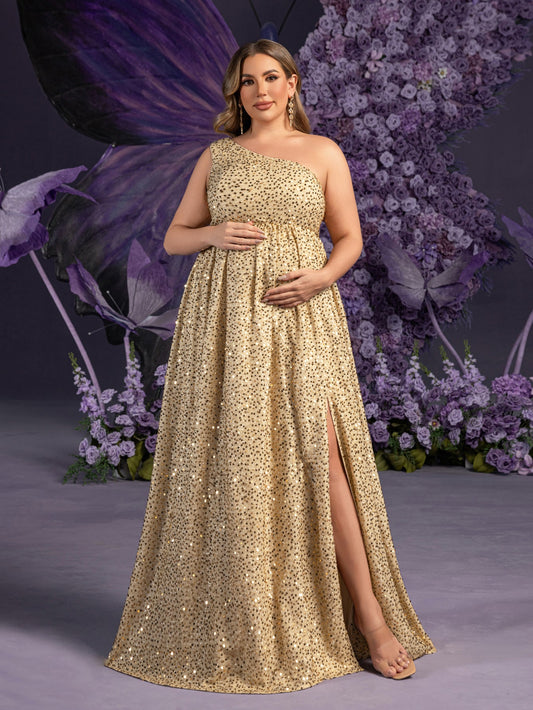 Plus-Size Maternity One-Shoulder Sequin High Slit Sleeveless A-Line Evening Gown — authorized product image 1