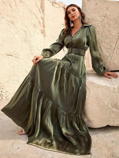 Additional product view of Belted Chiffon A-Line Long-Sleeve Maxi Evening Gown