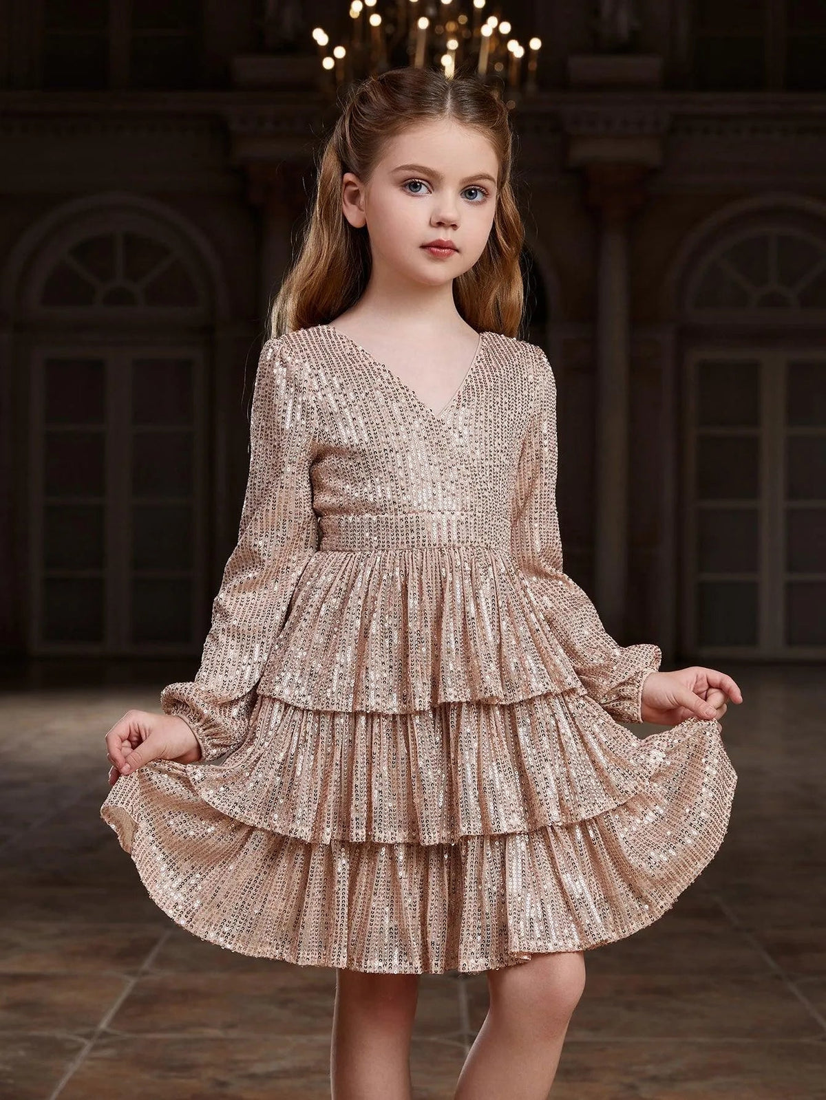 Tween Girls' V-Neck Sequin Long-Sleeve A-Line Formal Dress — authorized product image 3