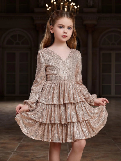 Tween Girls' V-Neck Sequin Long-Sleeve A-Line Formal Dress — authorized product image 3