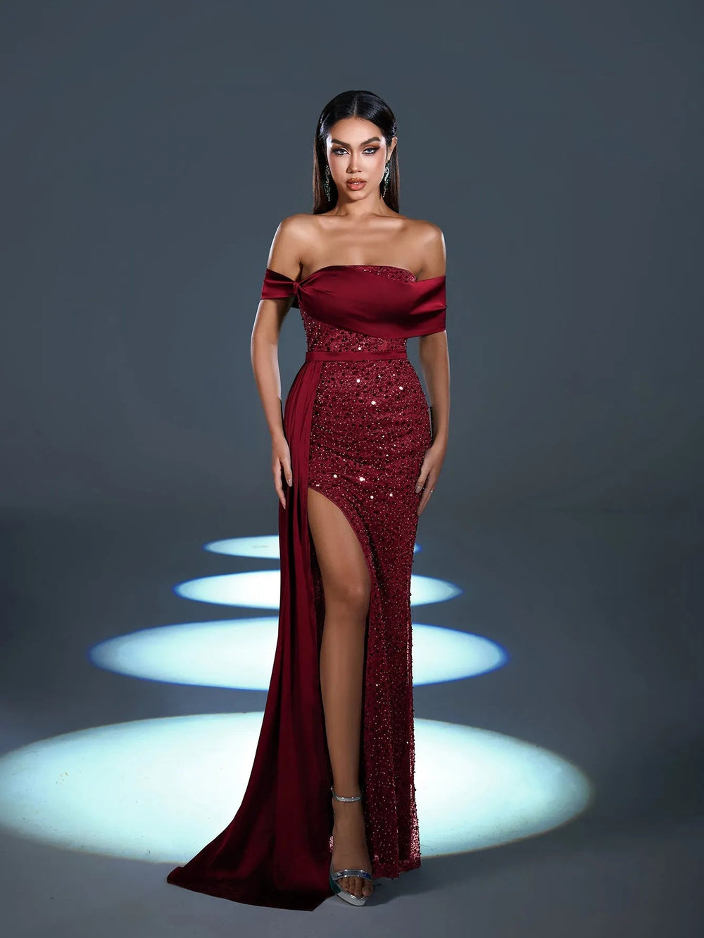 Off-Shoulder Draped Side Split Mermaid Hem Sequin Evening Dress in Burgundy