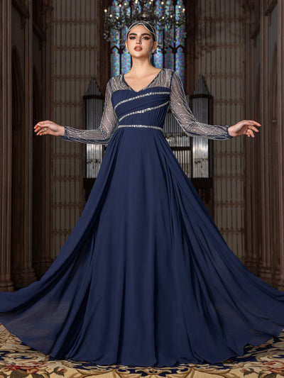 V-Neck Sequin Chiffon Long-Sleeve A-Line Evening Gown