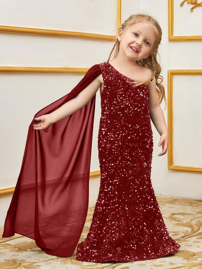 Alternate view of Draped Side One-Shoulder Sequin Mermaid Sleeveless Young Girls' Party Dress in Red