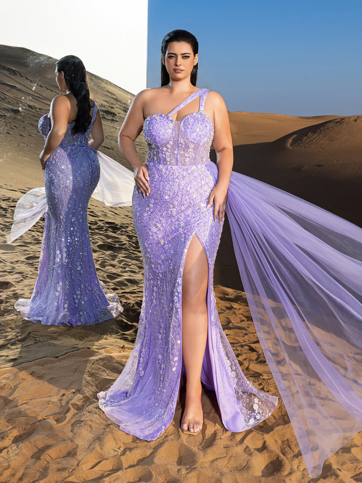 Plus-Size One-Shoulder Split Thigh Mermaid Hem Evening Gown — authorized product image 1